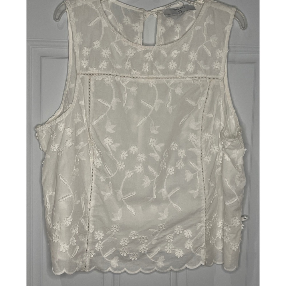 Primark 2XL White Floral Embroidered Eyelet Sleeveless Top Side Tie Scallop Hem